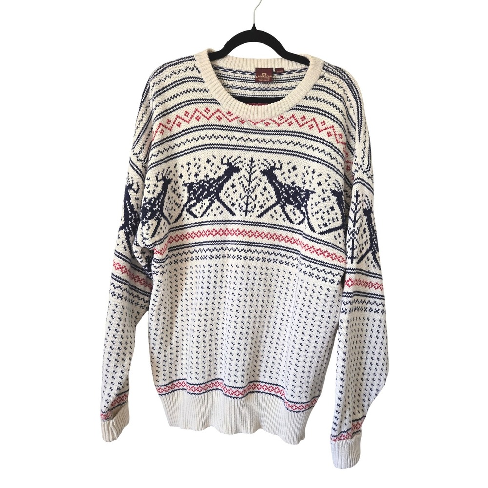 Vintage Nordstrom Mens XXL Sweater Cream Reindeer Fair Isle Cotton Made in USA